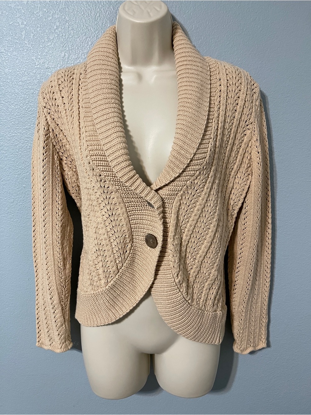 J Jill Cream Cable Knit Cardigan Sweater Shawl Collar Button Cottagecore Small